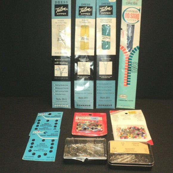 Vintage Lot of Notions 4 Zippers, Prym Snaps, Dressmaker Pins, Ball Point Pins - Picture 1 of 4